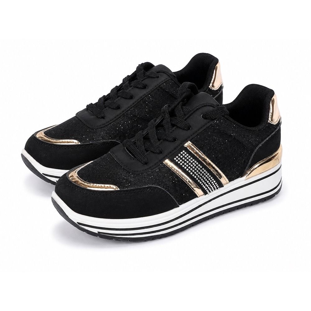 London Rag Mailys Size 40 US 9 Black Gold Metallic Rhinestone Platform Sneakers